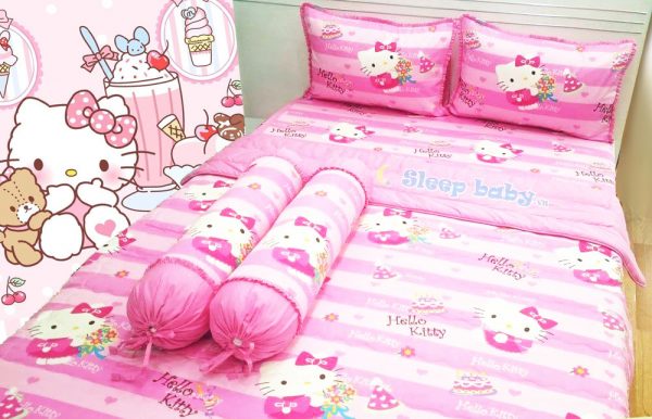 Chăn ga gối cho bé gái Sinh nhật Hello Kitty