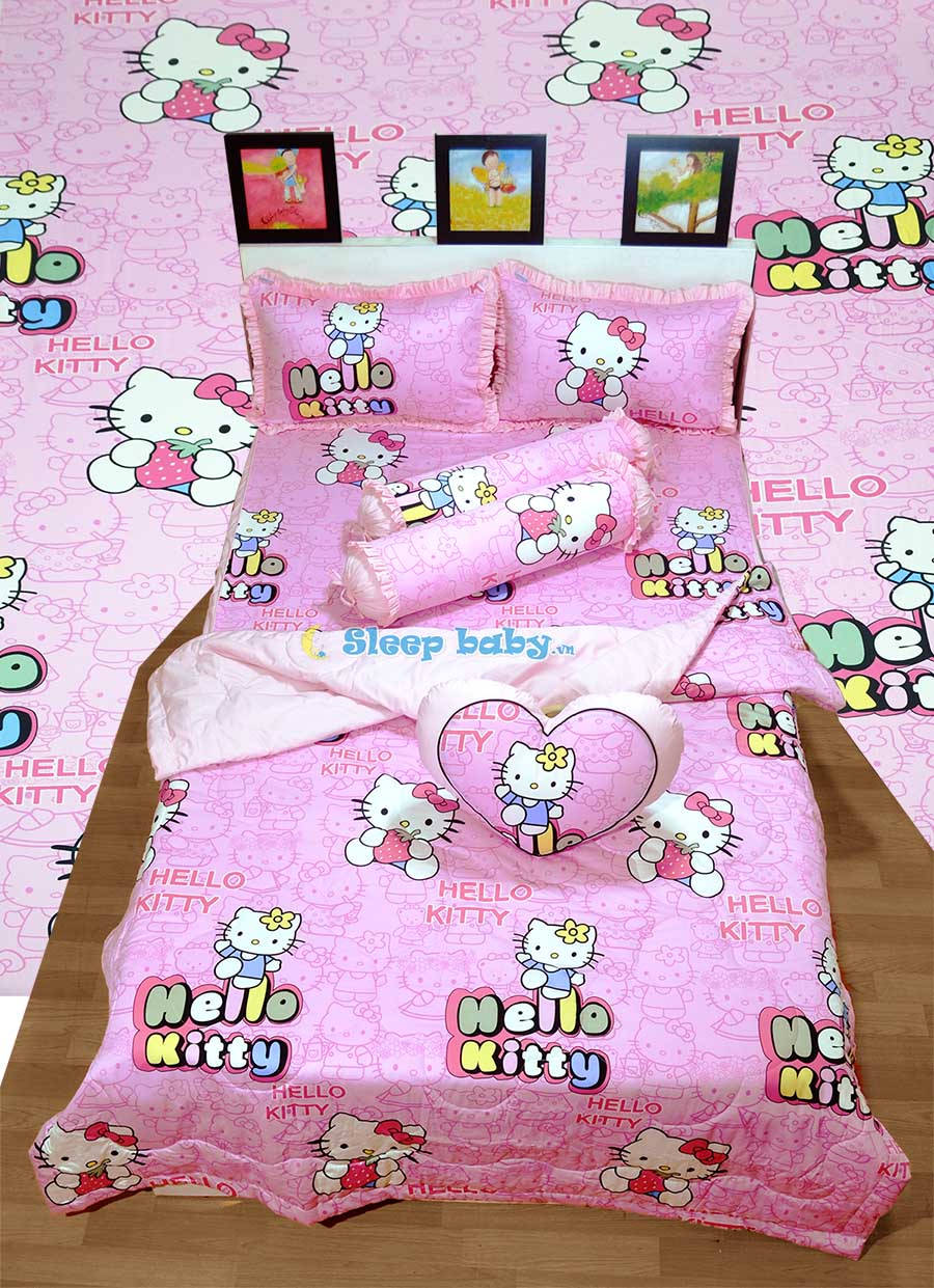 Chăn ga gối bé gái Hello Kitty chất liệu lụa satin Hàn Quốc thoáng mát mịn màng 